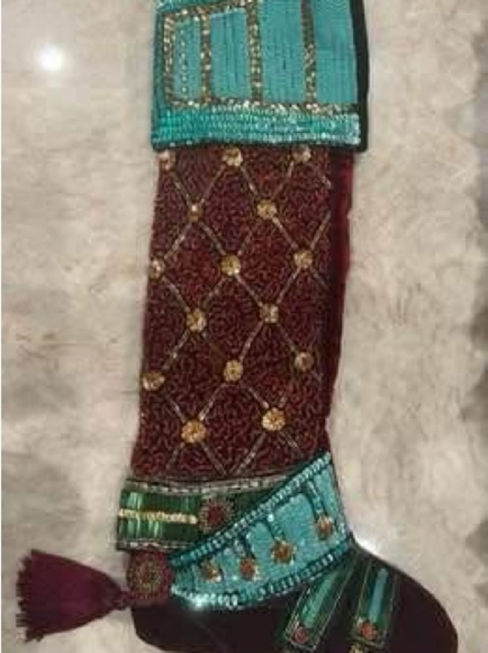 Mark Roberts Teal and Burgundy Beaded Holiday Stocking